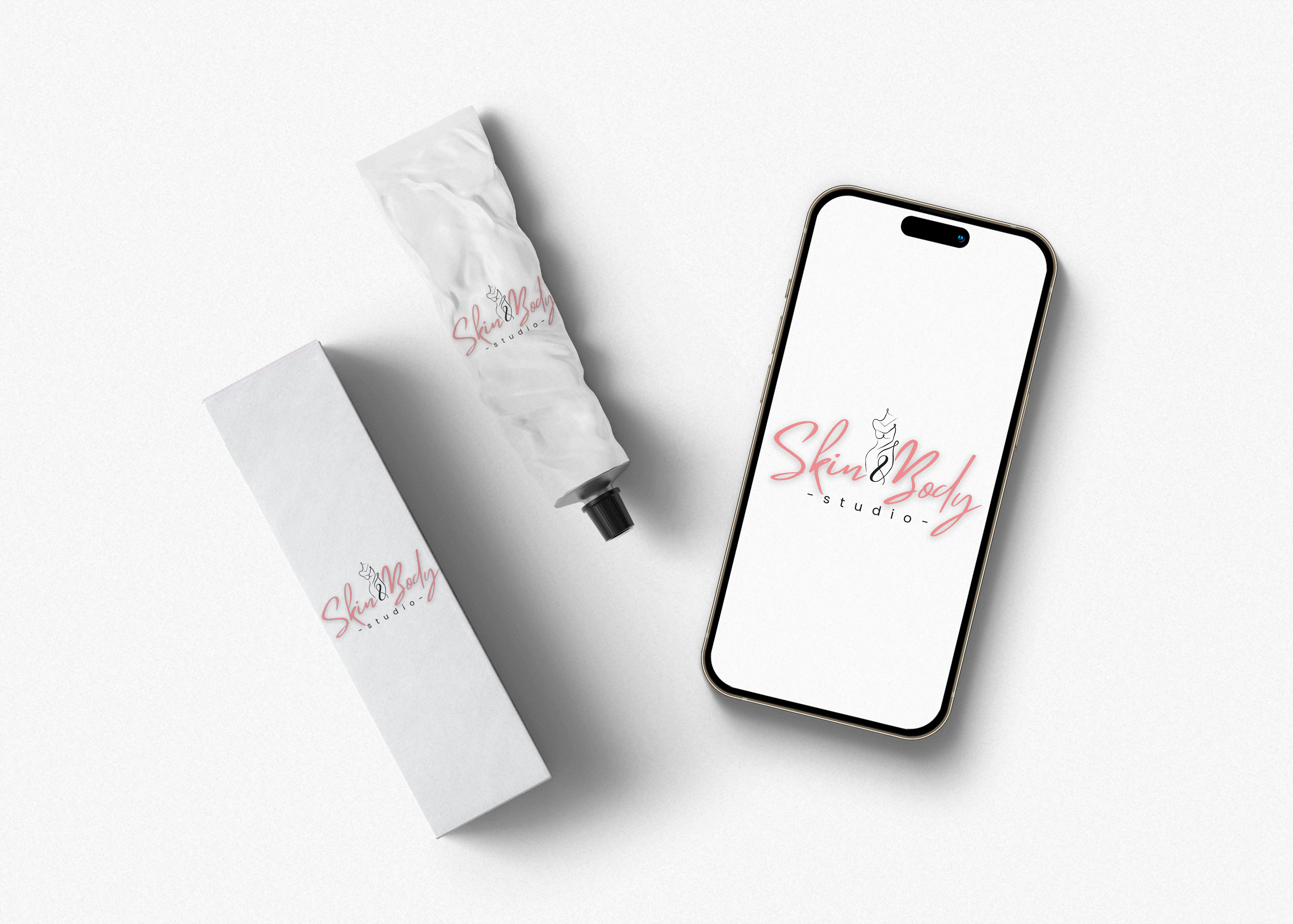 Product packaging and mobile-screen concept carrying the Skin and Body Studio identity