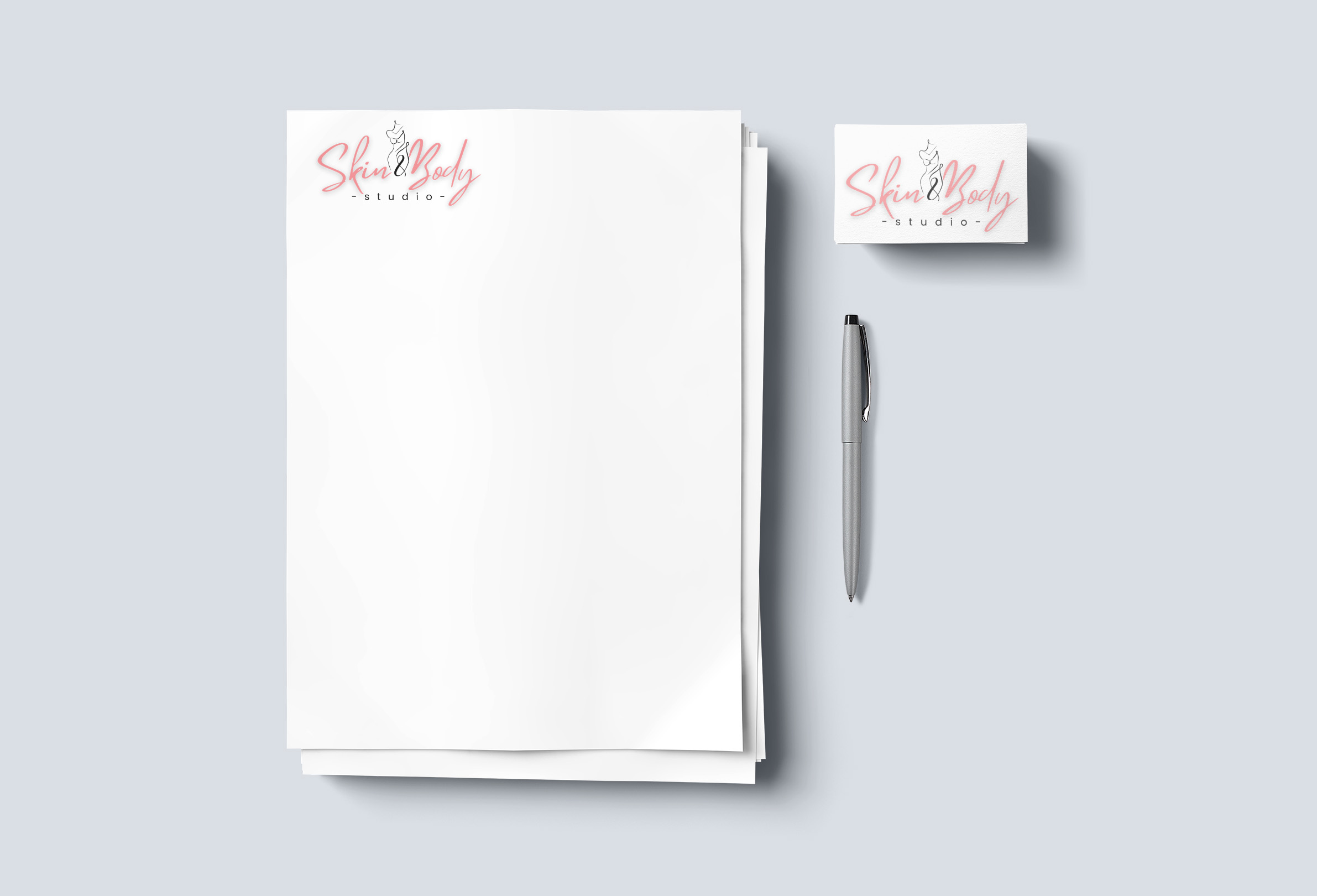 Light stationery and business-card concept carrying the Skin and Body Studio identity
