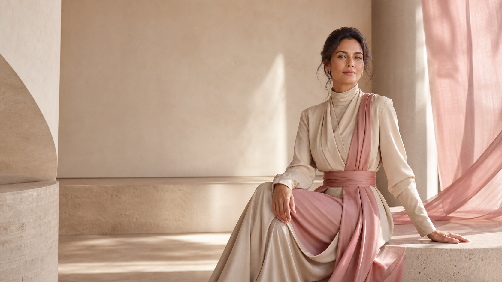 Concept campaign portrait in a sculptural rose-and-beige setting