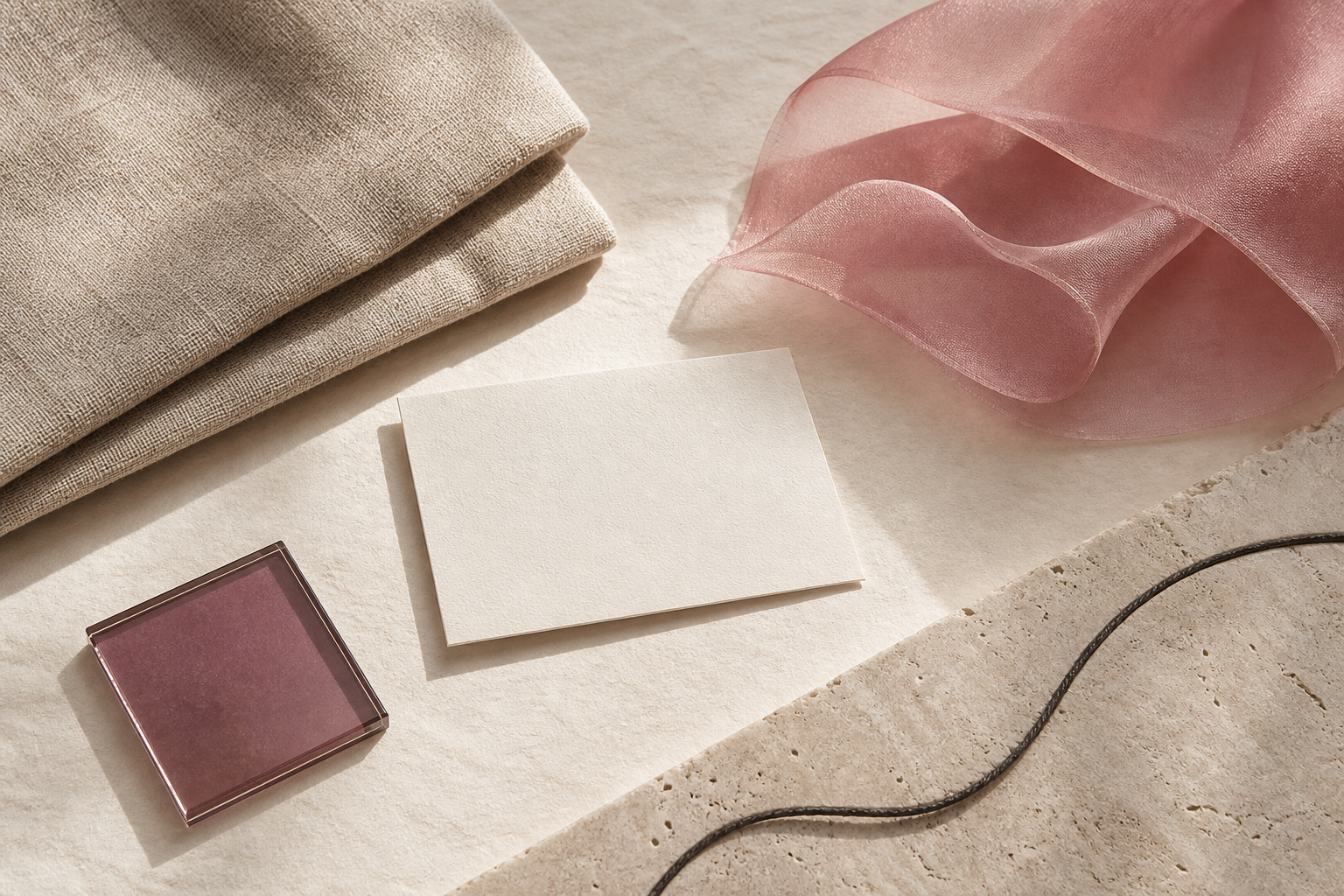 Concept beige linen, stone, rose fabric and warm paper