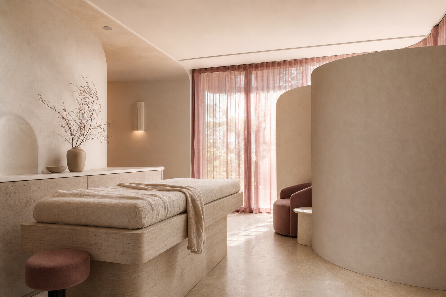 Proposed warm beige treatment studio with rose privacy curtains